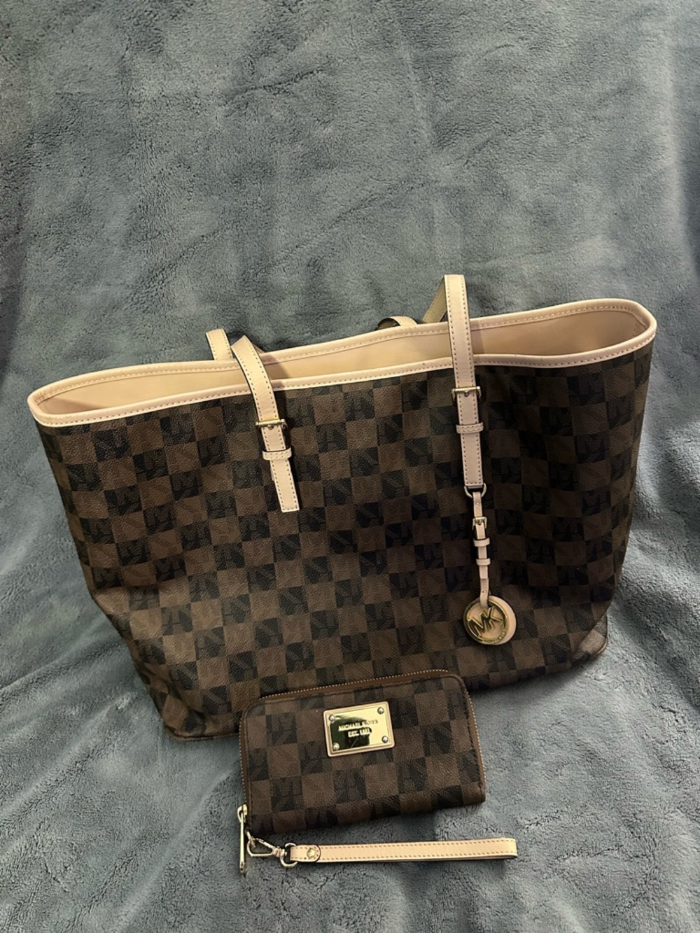 Michael Kors Brown Checkered Tote with Matching Wallet